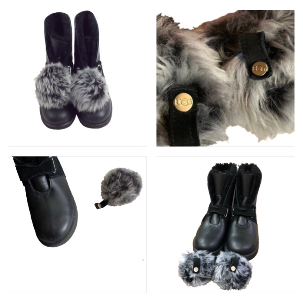 UGG Isley Black Waterproof Leather Pom Pom Boots, Size 6 - Picture 11 of 15